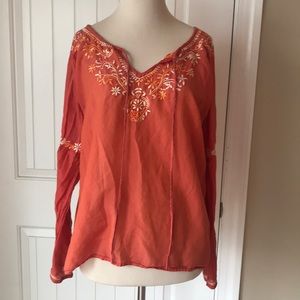 Orange lucky brand linen embroidered top